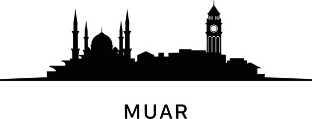 Muar City Skyline Silhouette with Mosque and Clock Tower
