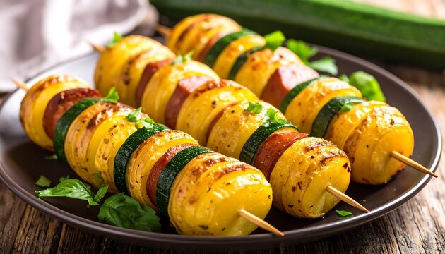 Roasted potato and zucchini skewers on dark plate - Powered by Adobe