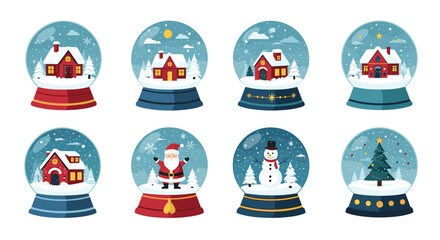 Collection of festive Christmas snow globes with winter scenes.