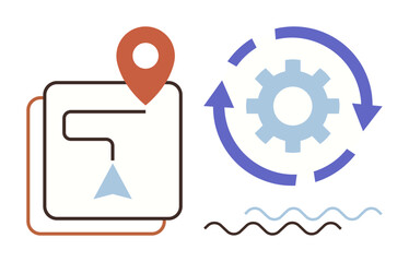 Map with location pin and path, gear with circular arrows, wavy lines. Ideal for navigation, planning, workflow, operations, optimization logistics process strategy. Simple flat metaphor
