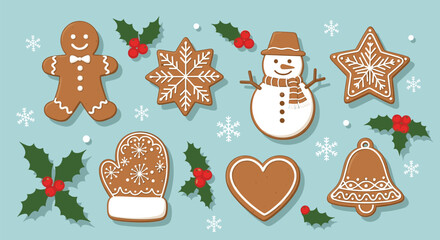 Festive Gingerbread Cookies and Holly Berries Christmas Collection.