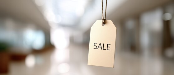 Sale tag hanging in shopping mall blurred background