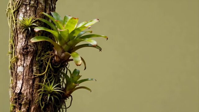 Close Up Of Bromeliad Plants Growing On Textured Tree Bark With Moss And Vines Soft Green Backdrop
