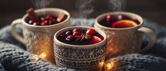 Three mugs of hot mulled wine with cranberries and spices on cozy blanket
