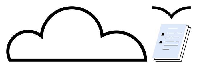 Cloud outline with flying folder of documents, emphasizing upload, data storage, and information sharing. Ideal for cloud computing, digital storage, communication, remote work, teamwork