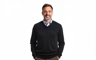 Fototapeta premium Men casual style. Portrait of guy in menswear. Stylish menswear fashion. Caucasian mature man. Man in business casual isolated on white. Handsome mature man. Stylish male jumper. High quality