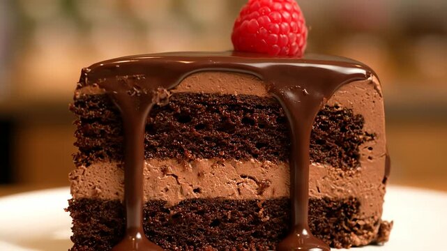 Close up of chocolate cake slice with raspberry decoration