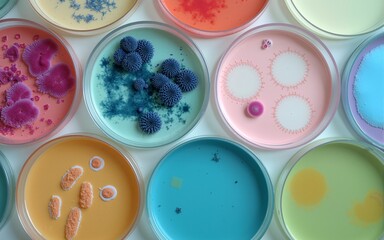 Mixed of bacteria colonies and fungus in various petri dish. High quality