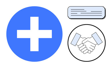 Obraz premium Blue plus sign, handshake in a circle, and a document icon symbolizing agreement, growth, teamwork, and positivity. Ideal for health, collaboration, negotiation partnership networking business