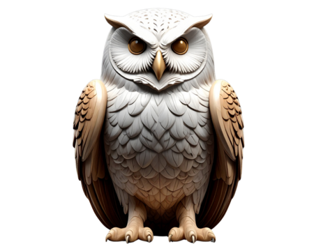  Realistic Wooden Snowy Owl Sculpture, Front View, isolated on transparent background