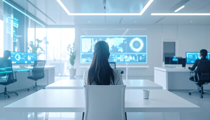 Modern control room with digital screens and business professionals analyzing data. High-tech workspace for cybersecurity, analytics, and global monitoring.