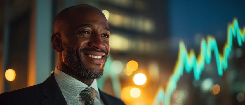 Smiling businessman in city at night with growth chart