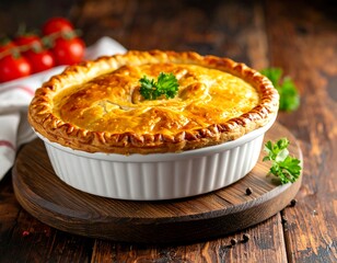 A golden-brown, savory pie in a white dish on a wooden board