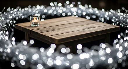 Naklejka premium Rustic wooden table illuminated by soft white fairy lights and candle