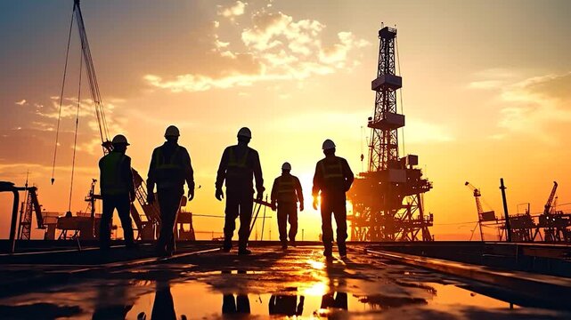 Silhouetted workers walk across an industrial platform at sunset, with an oil rig and cranes visible