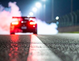 Nighttime Burnout: A high-performance car performs a thrilling burnout on a dark racetrack, surrounded by smoke and illuminated by glowing taillights. Capturing the power and excitement of speed.