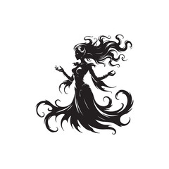 Gothic Lilith Halloween Silhouette Illustration, Black and White Vector.