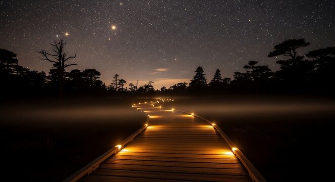 Illuminated boardwalk under a starry night sky