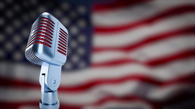 Seamless Rotating 360 Degree Looping Brushed Metal Blue Vintage Microphone with An American Flag Background.
