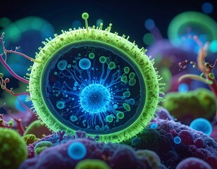 Microscopic marvels of scientific exploration: A mesmerizing view into the depths of cellular life, revealing intricate structures and vibrant colors within a microscopic world.