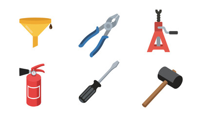 Illustration of various tools including a funnel, pliers, jack, extinguisher, screwdriver, and mallet.