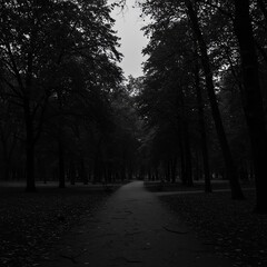 Obraz premium Dark forest path with tall trees