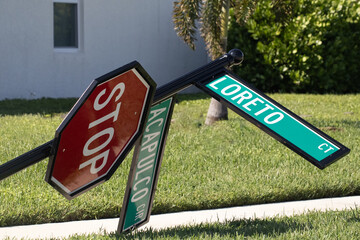 Damaged street sign from a storm