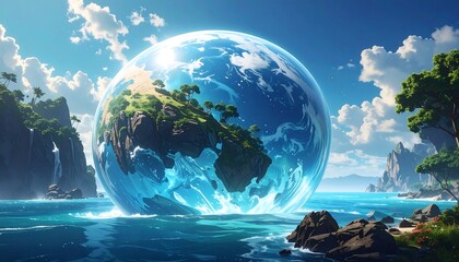 An artistic depiction of Earth in a transparent water bubble amidst an ocean