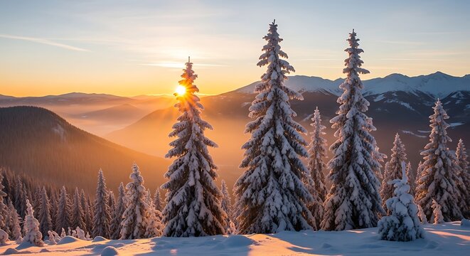 Snowy evergreen trees at sunrise with mountain valley mist