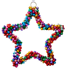Colorful jingle bell star ornament isolated on white background