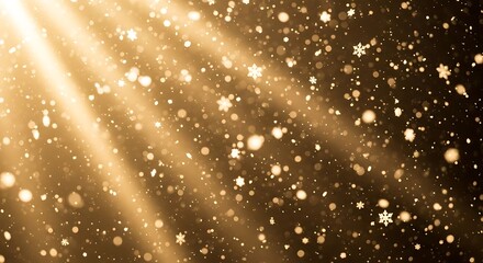 Golden light beams illuminating sparkling dust particles in darkness