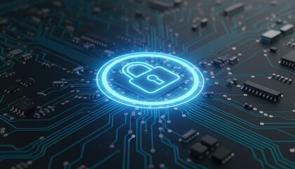 Glowing padlock symbol on electronic circuit board - digital security and data protection concept