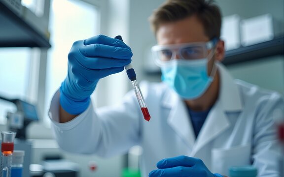 showcases scientists conducting pharmaceutical research on blood cells and antiviral treatments. Holding medical test tubes or small vials and using biotechnology to sequence genomic DNA.