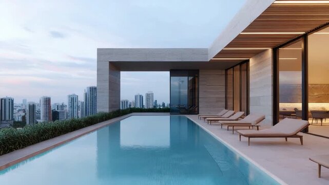 Luxury modern villa with rooftop pool boasting panoramic city skyline views at twilight, elegant architecture and design elements 4k video footage