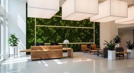Modern office lobby with lush green wall and contemporary furniture design