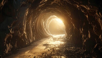Fototapeta premium A tunnel's illuminated end. Sunlight streams through the opening