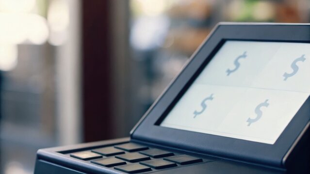 Close-up of a touchscreen payment terminal displaying dollar signs, suggesting a transaction or financial activity in a retail setting.