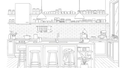 Obraz premium Modern Kitchen Island with Stools and Appliances Sketch.