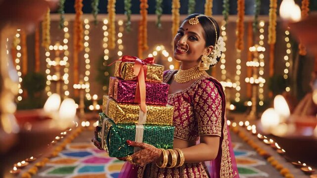 Young Woman Holding Diwali Gifts - A young Indian woman dressed in traditional attire smiles as she holds a stack of colorful, wrapped gift boxes.