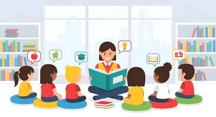 Teacher storytelling to a group of diverse kids in a bright modern library education and learning