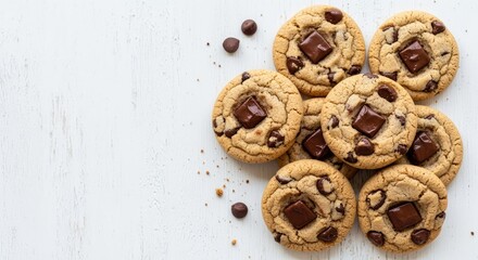 Naklejka premium Gourmet chocolate chunk cookies stacked on a rustic white wood surface, bakery treats