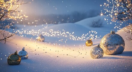 Magical winter wonderland with illuminated christmas ornaments in snow
