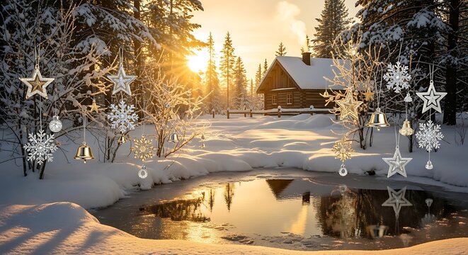 Cozy winter cabin scene with golden sunset and snowflakes