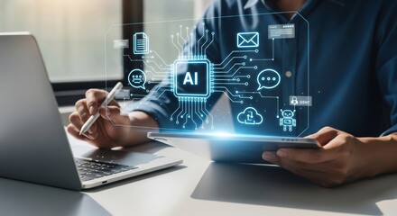 Businessman Using Tablet with Glowing AI Chip and Digital Assistant Icons