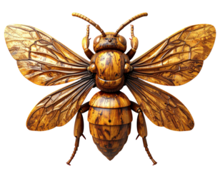 Realistic Wooden Hornet Sculpture, Top-Down View, isolated on transparent background