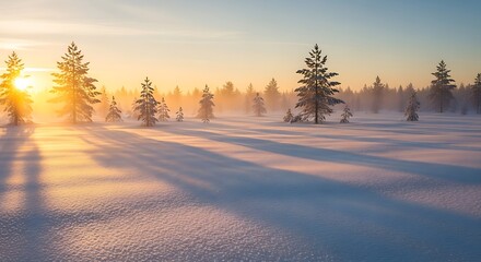 Golden sunrise illuminates snowy forest landscape