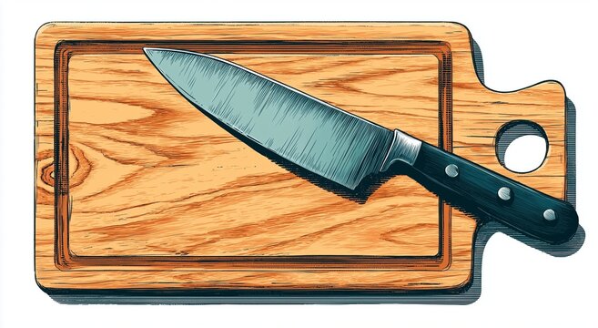 A simple cartoon-style vector illustration of a kitchen knife on a wooden board, isolated on a white background