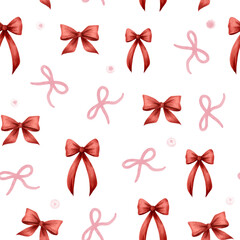 A seamless watercolor pattern of bows and ribbons. Cute bows made from colored pencils. A simple pattern with doodles and knots. An elegant, festive seamless pattern with bows.