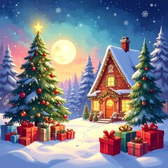 Obraz premium Cozy winter scene with a decorated house, presents, and a Christmas tree