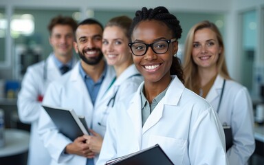 Fototapeta premium Medical Science Laboratory: Beautiful Smart Young Black Scientist Wearing White Coat and Glasses, Holds Test Books, Smiles Looking at Camera. Diverse Team of Specialists. Medium Portrait Shot